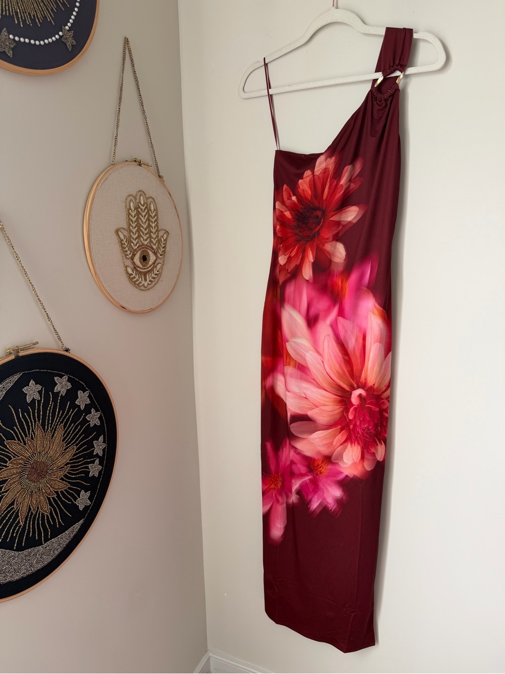 Burgundy Floral one shoulder Maxi Dress